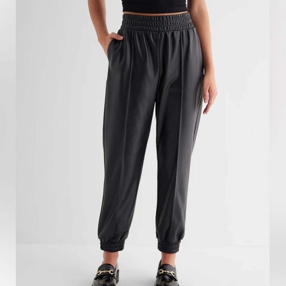 NWT EXPRESS High Waisted Faux Leather Seamed Joggers, size XL